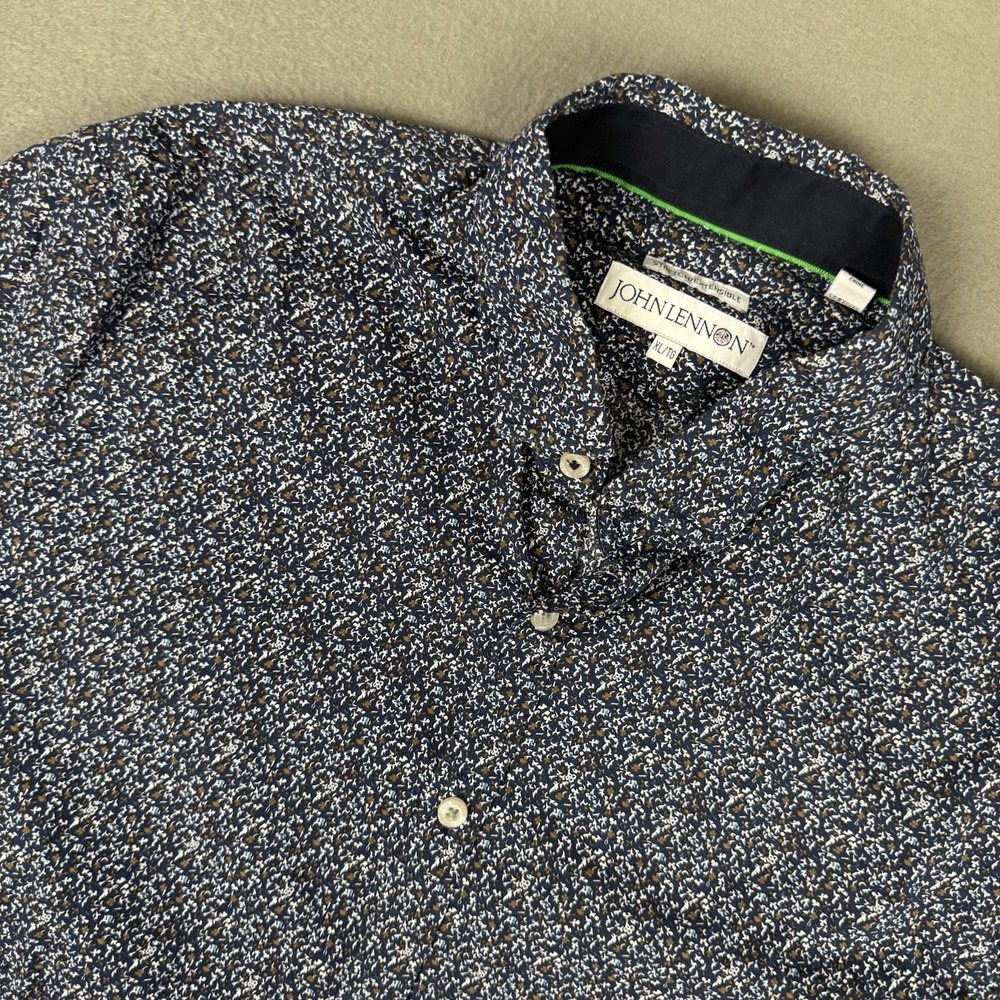 John Lennon Shirt Mens XL Navy Blue Floral Stretch Button Up Long Sleeve Dressy